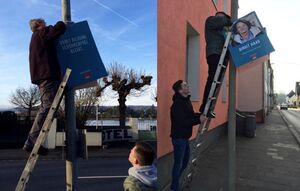 Der "harte Kern" des OV-Linz beim Anbringen der Plakate